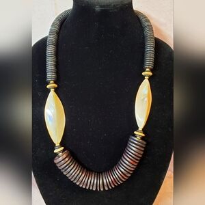 Chunky Mother Of Pearl & Wood tribal necklace 28" Very Nice